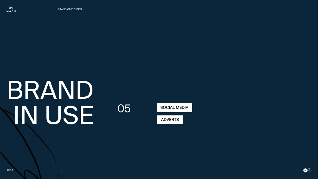 Dark blue brand guidelines cover page with white text reading 'Brand in Use' and '05' plus buttons labeled 'Social Media' and 'Adverts'.