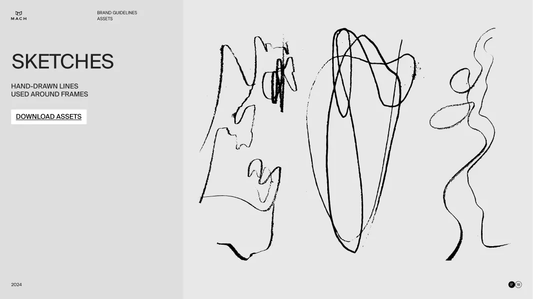 Page titled 'SKETCHES' from Mach brand guidelines showing three examples of black hand-drawn abstract lines on a white background.