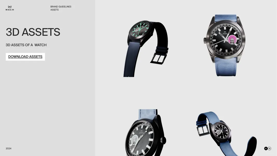 Four 3D renderings of a wristwatch with a black face and blue strap against a gray background, accompanied by text about 3D assets and a download button.