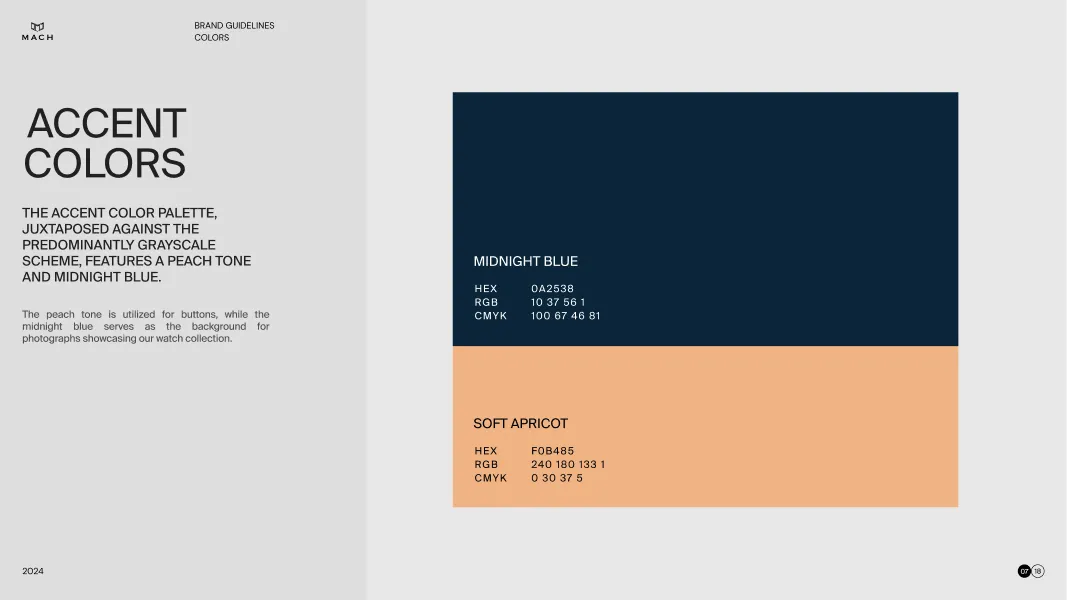 Brand guidelines showing accent colors with samples of midnight blue and soft apricot along with their HEX, RGB, and CMYK values.
