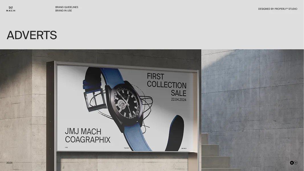 Outdoor billboard advertising a wristwatch with blue strap and black face, promoting JMJ MACH COAGRAPHIX first collection sale on 22.04.2024.