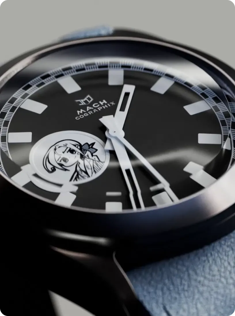 Close-up of a Mach Cographix wristwatch with large white hour markers, skeletonized hands, and a small anime-style character illustration on the dial.