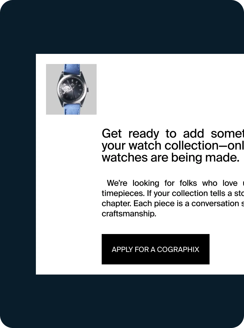 Close-up of a silver wristwatch with a black dial and blue fabric strap.