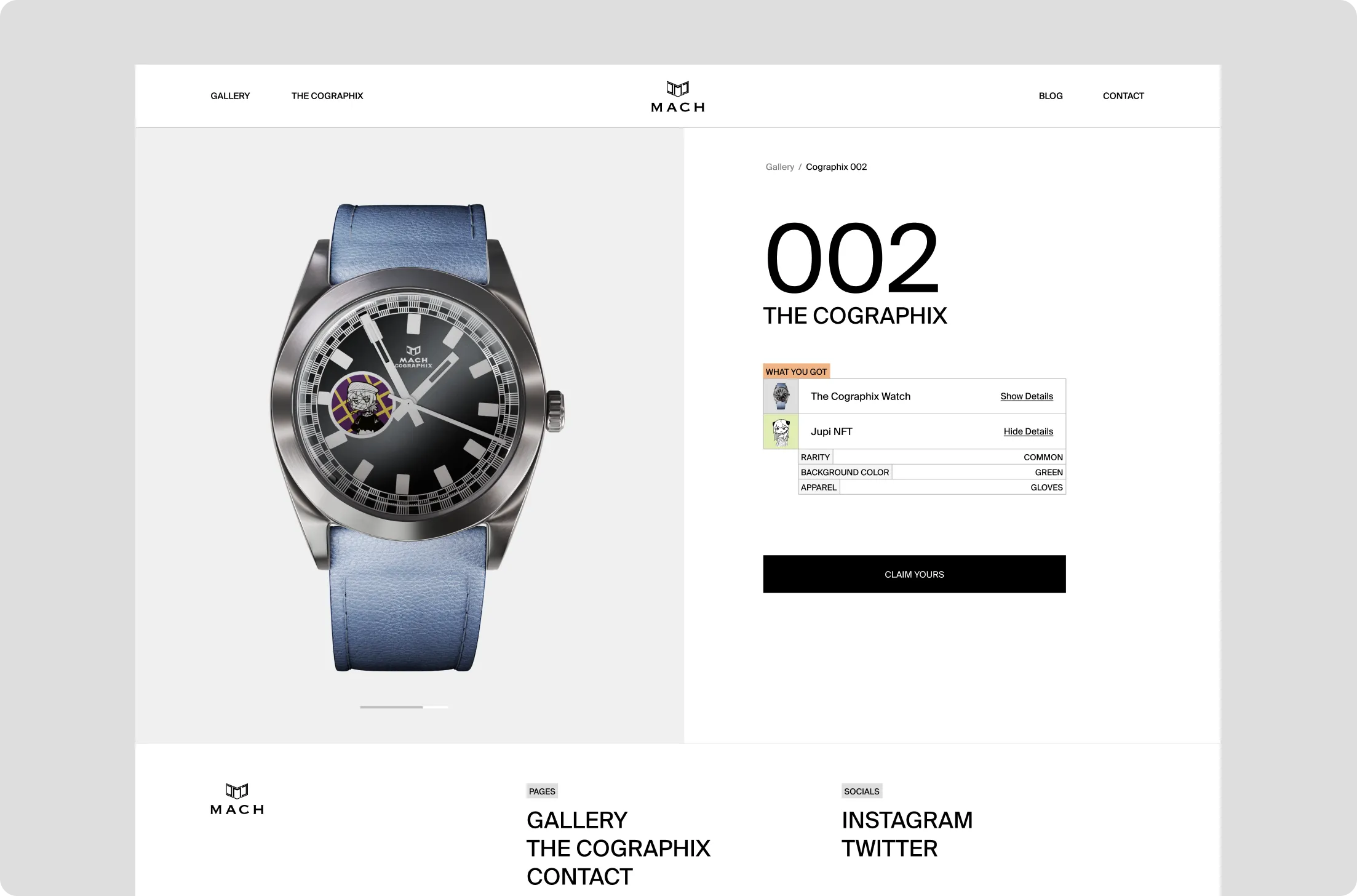 Product page featuring a silver Mach Cographix wristwatch with a blue leather strap and a small illustrated character on the dial, alongside details of the watch and an NFT named Jupi with rarity common, green background color, and gloves apparel.