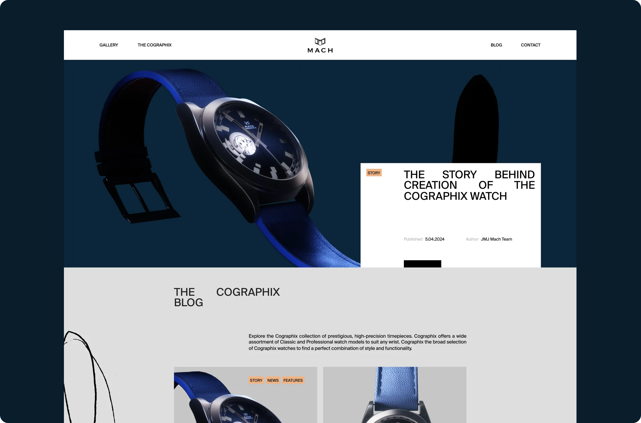 Website page showcasing a blue leather strap watch with a dark blue dial and an astronaut design, alongside blog titles and descriptions about the Cographix watch collection.