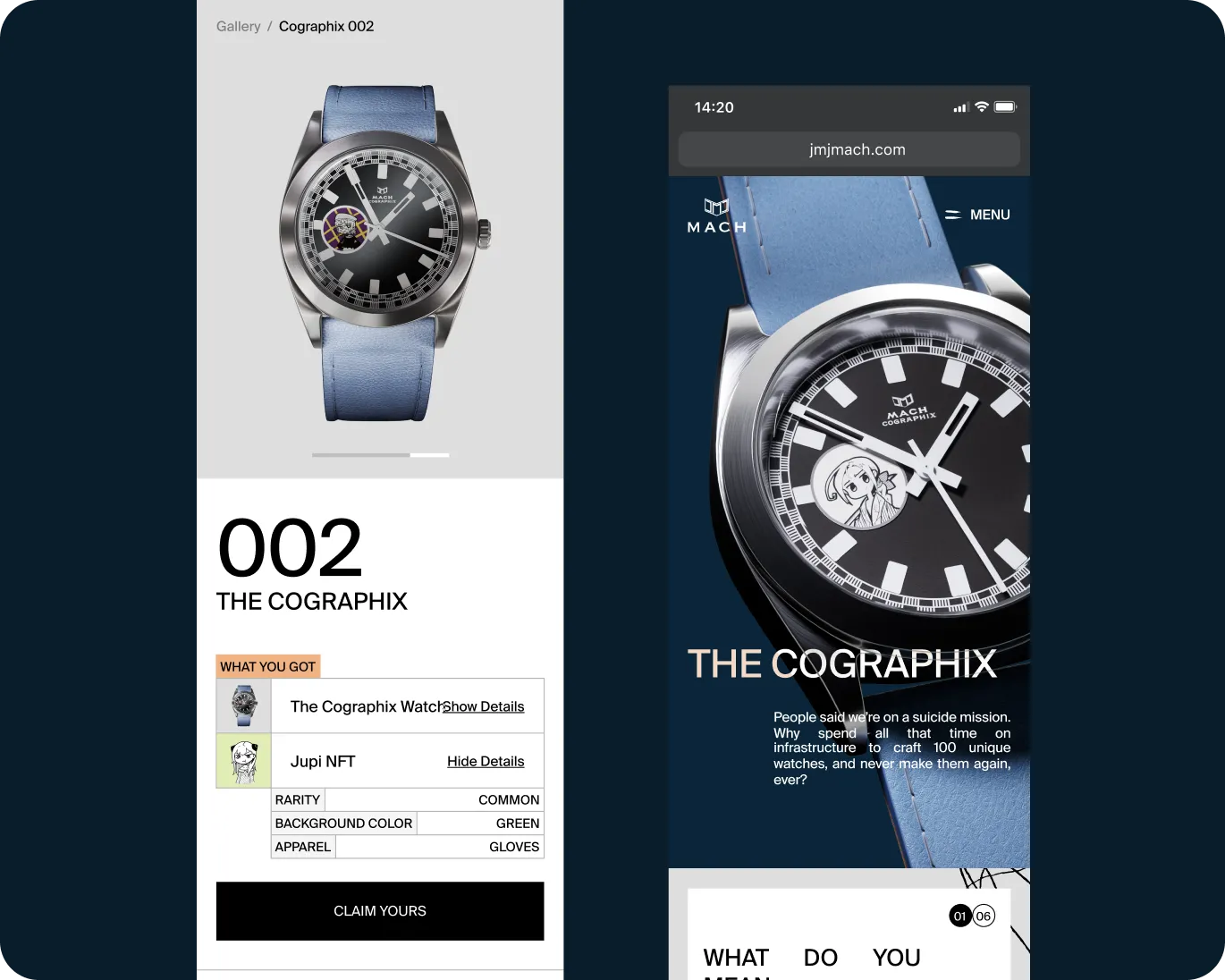 Webpage showing Cographix 002 watch with black dial, silver casing, and blue leather strap, featuring a small anime-style character illustration on the dial.