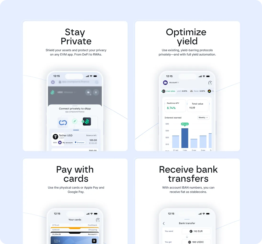 Four panels showing mobile app features: Stay Private with asset shielding, Optimize yield with automated protocols, Pay with cards including Apple and Google Pay, and Receive bank transfers with IBAN for stablecoins.