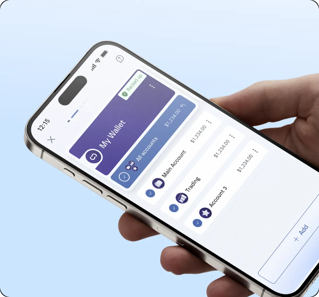 Hand holding smartphone displaying digital wallet app with accounts named Main Account, Trading, and Account 3 each showing a balance of $1,234.00.