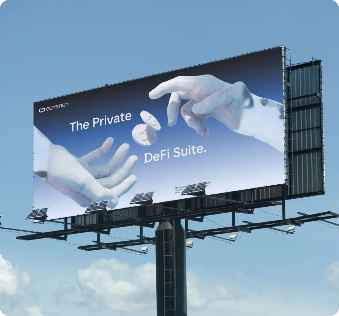 Billboard showing two large white hands with floating coins between them and text 'The Private DeFi Suite.' on a blue gradient background.