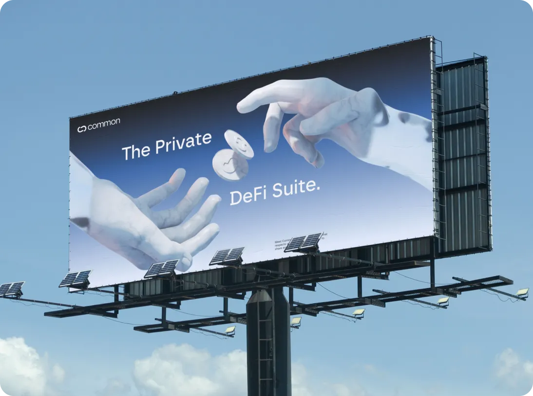 Billboard with large white hands exchanging digital coin, displaying text 'The Private DeFi Suite.' against blue sky.