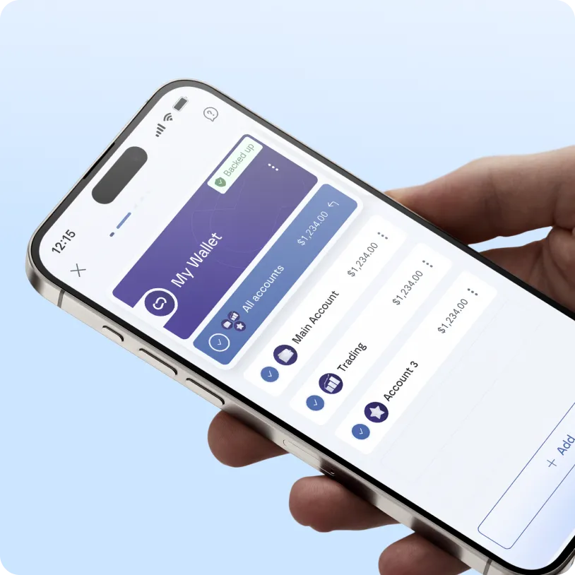 Hand holding smartphone displaying digital wallet app with account balances each showing $1,234.00.