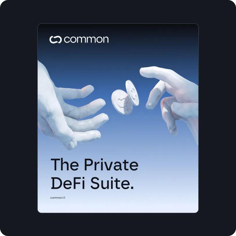 Two white sculpted hands tossing coins with smiley and checkmark symbols against a blue gradient background with text 'The Private DeFi Suite.' and Common logo.