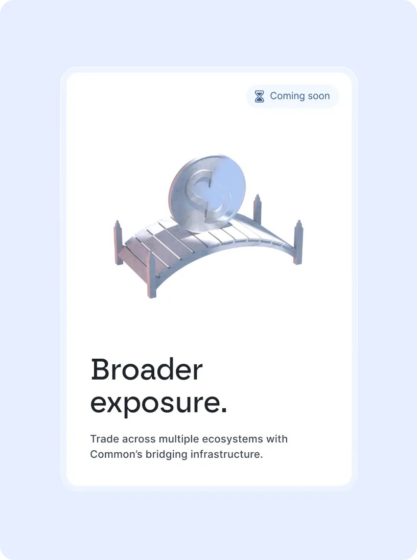 Silver coin with Common logo on a small arched bridge, with text about broader exposure and Common’s bridging infrastructure.