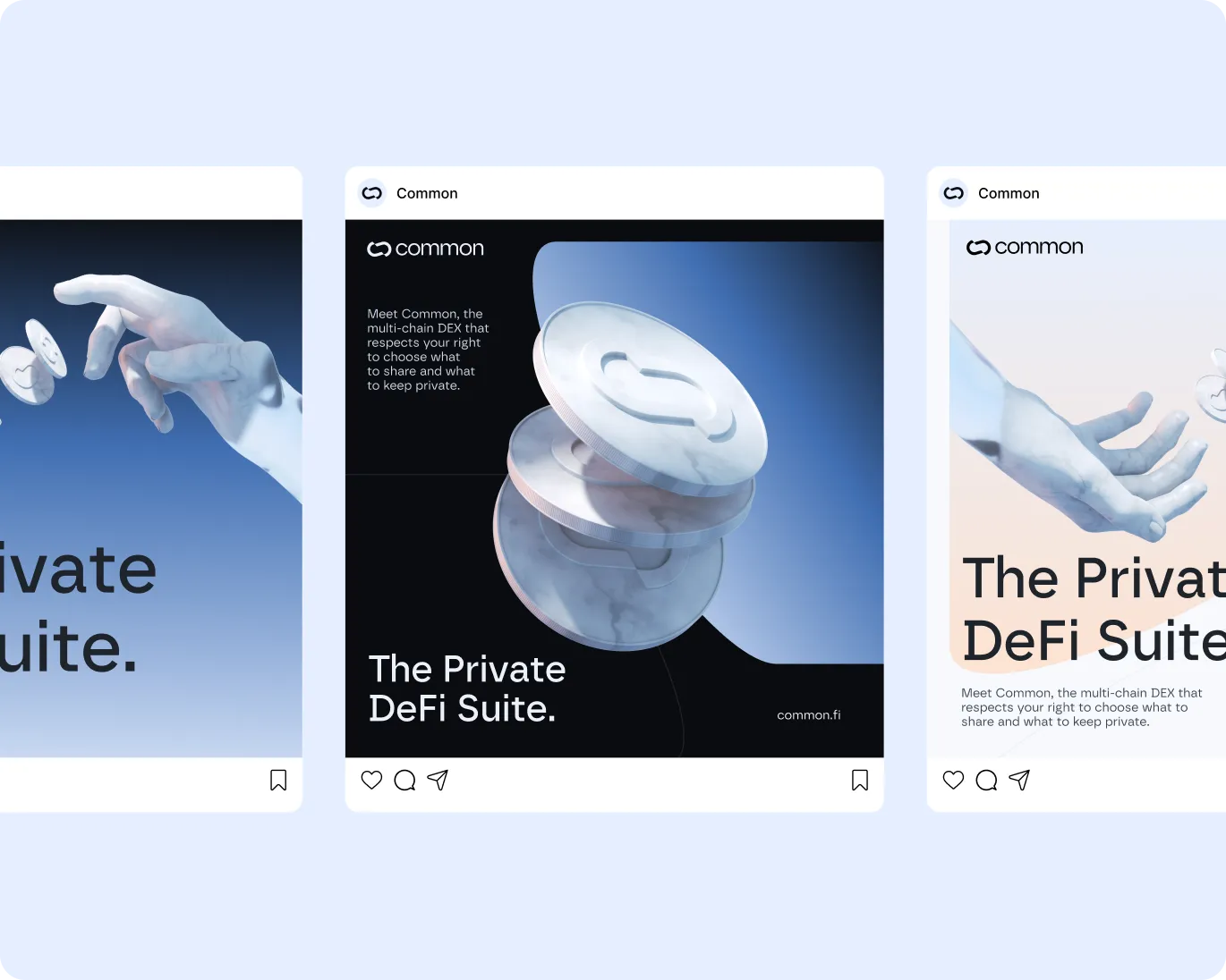 Digital illustration of three marble-like tokens and a sculpted hand on dark and light backgrounds promoting Common's private DeFi suite.