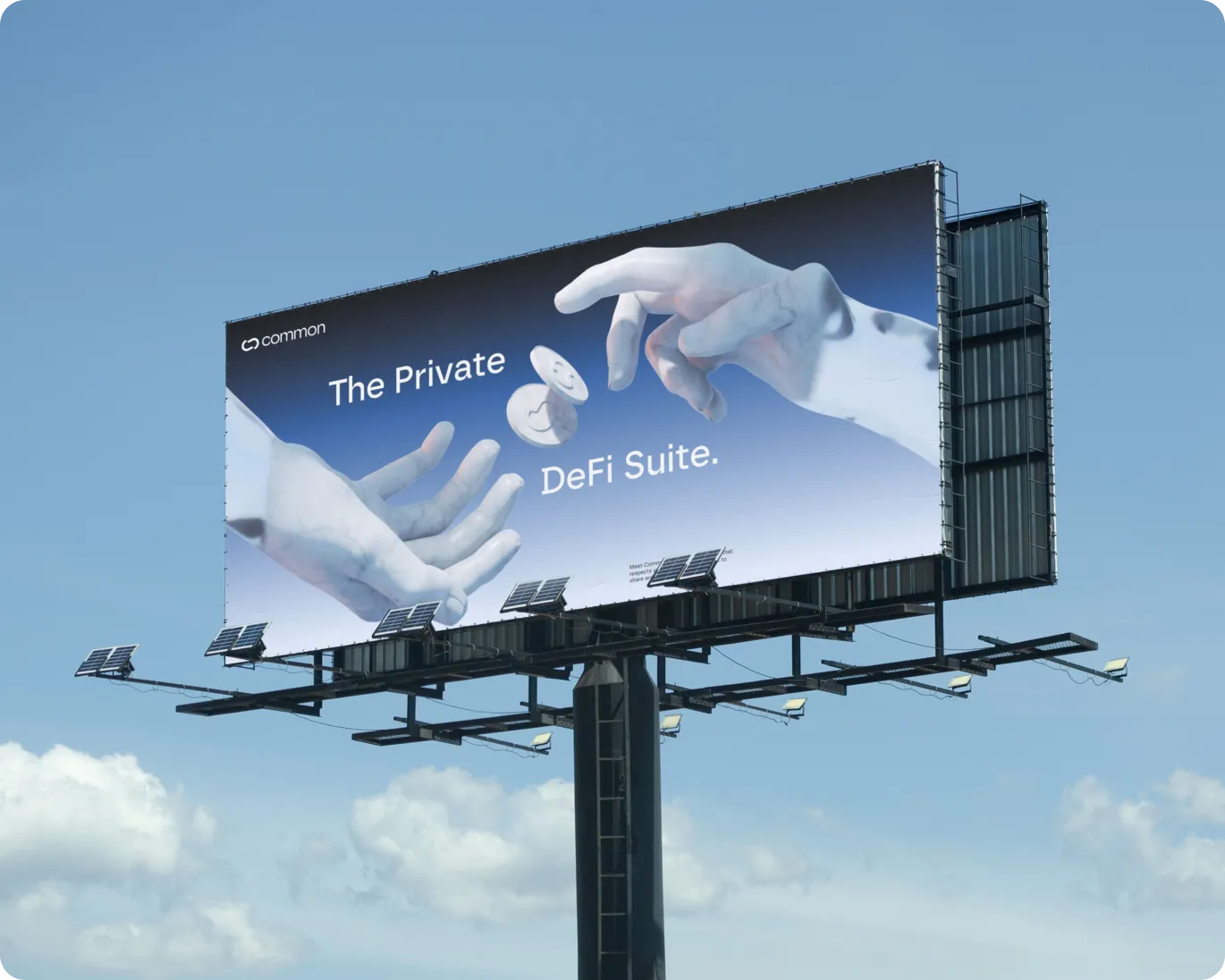 Billboard against a blue sky showing two large hands exchanging floating coins with the text 'The Private DeFi Suite.' and a small Common logo.