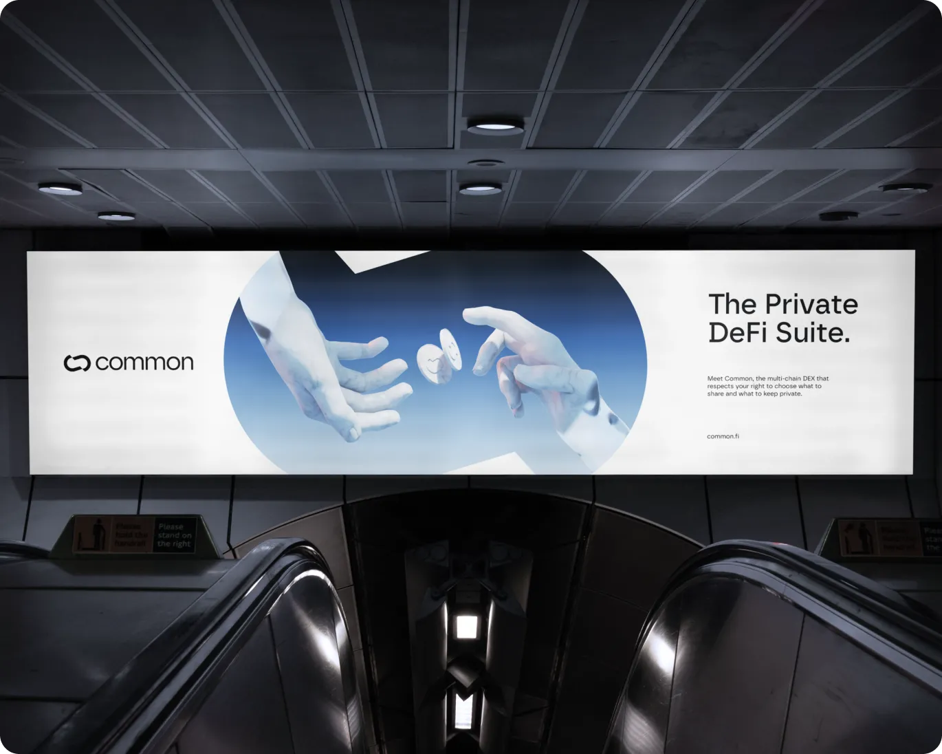 Billboard ad featuring two stylized hands exchanging cryptocurrency tokens and text promoting Common, a private DeFi suite.