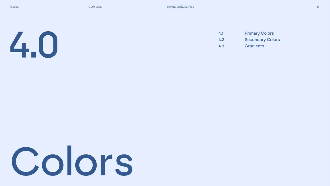 Page titled '4.0 Colors' with sections 4.1 Primary Colors, 4.2 Secondary Colors, and 4.3 Gradients.