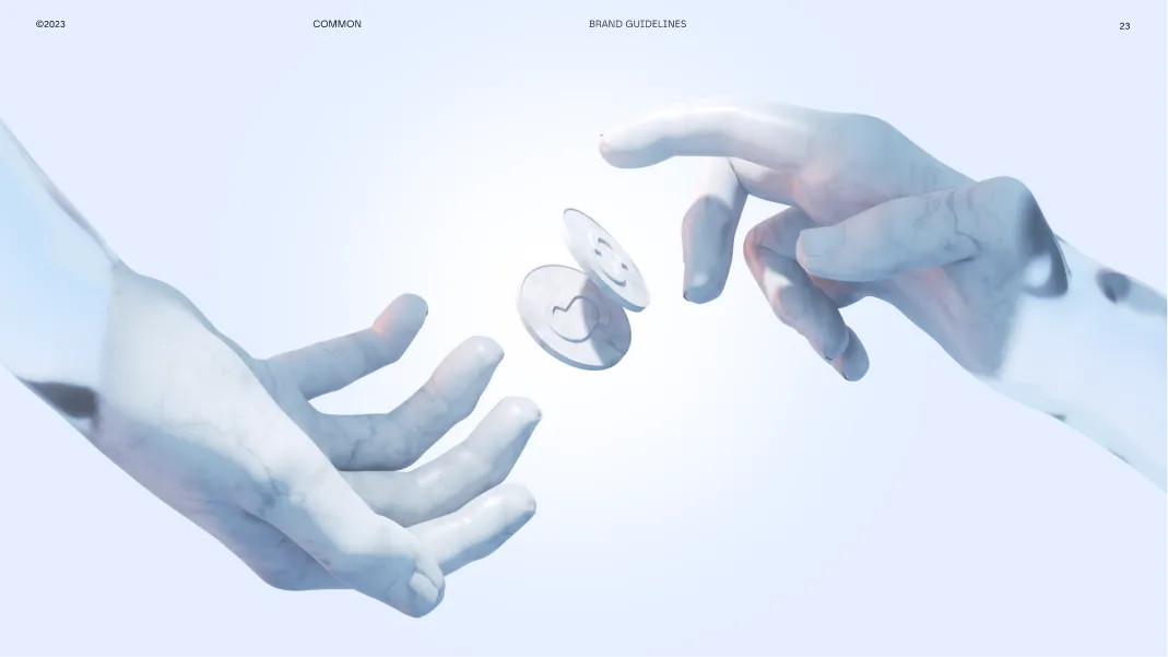 Two marble-like hands reaching towards each other with two transparent coins featuring a heart and smiley face floating between them.