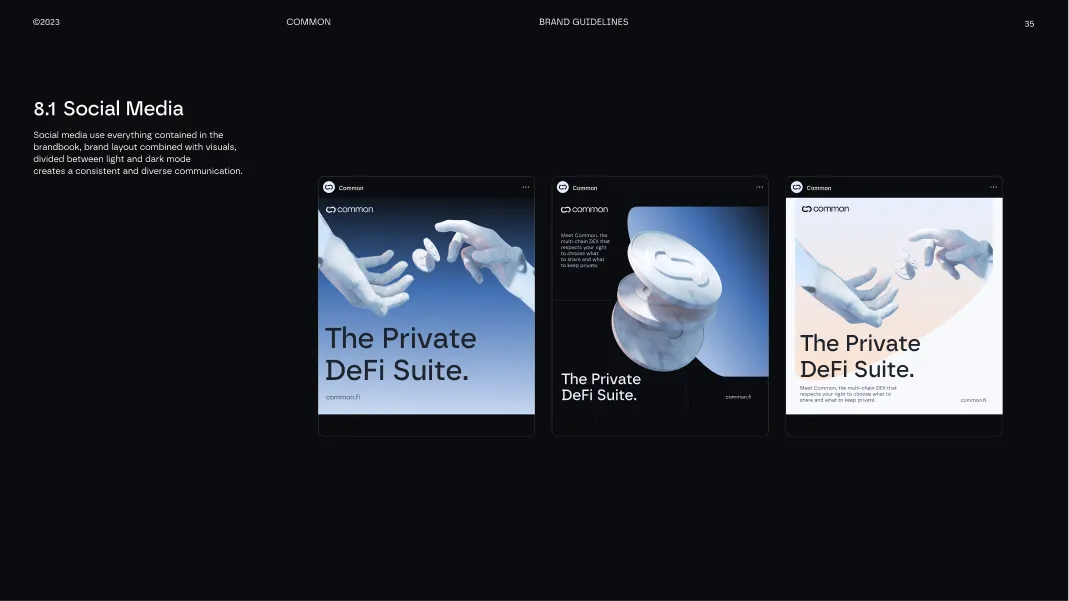 Three social media post designs for Common featuring the text 'The Private DeFi Suite' with images of hands exchanging coins and stacked dials on a dark and light gradient background.