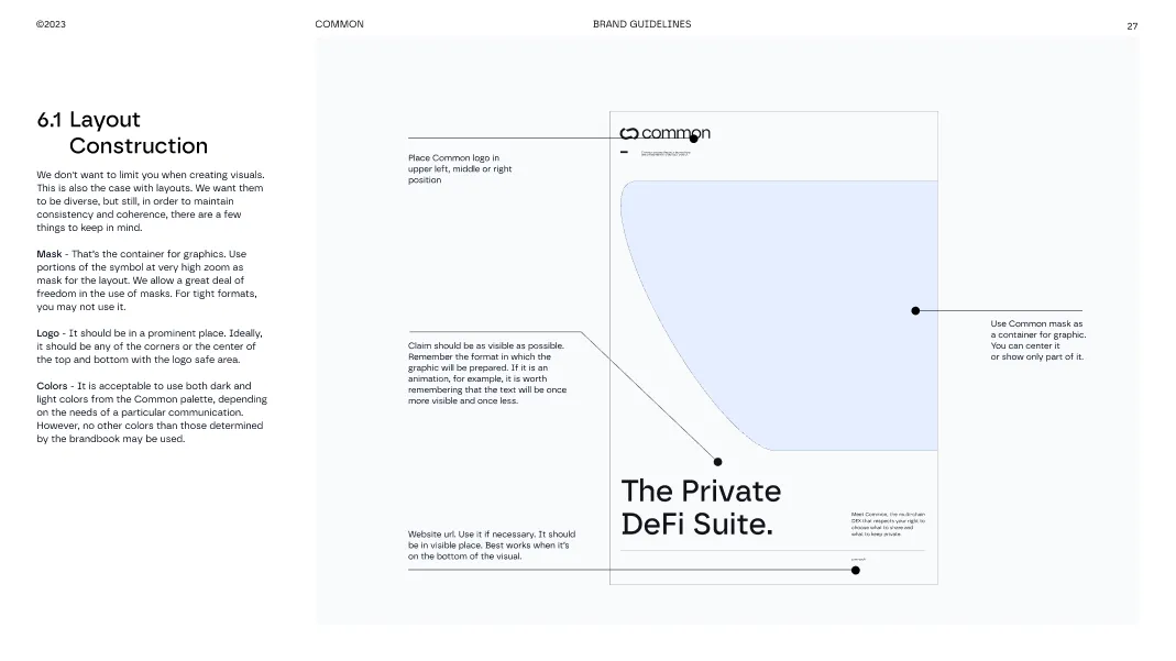 Page titled '6.1 Layout Construction' from brand guidelines explaining logo placement, mask usage, color rules and text visibility with an example layout featuring the Common logo and the phrase 'The Private DeFi Suite.'
