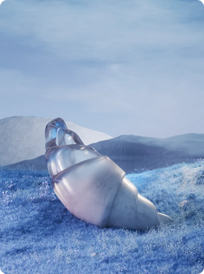 Large translucent spiral sculpture resembling a seashell on a blue grassy hill with distant mountains under a soft cloudy sky.