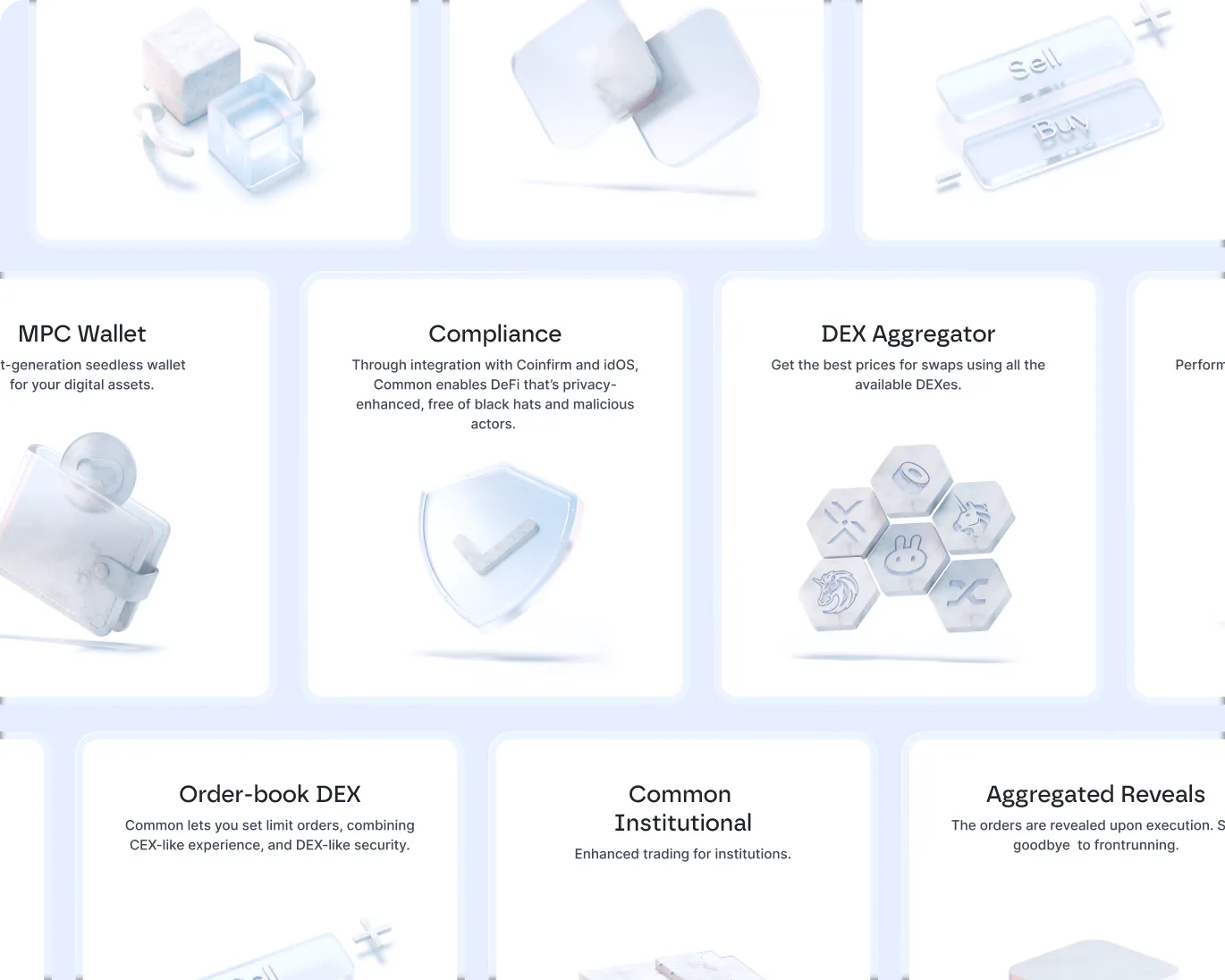 Collage of translucent icons representing digital wallet, compliance shield, DEX aggregator hexagons, and order-book features with descriptive text about decentralized finance tools.