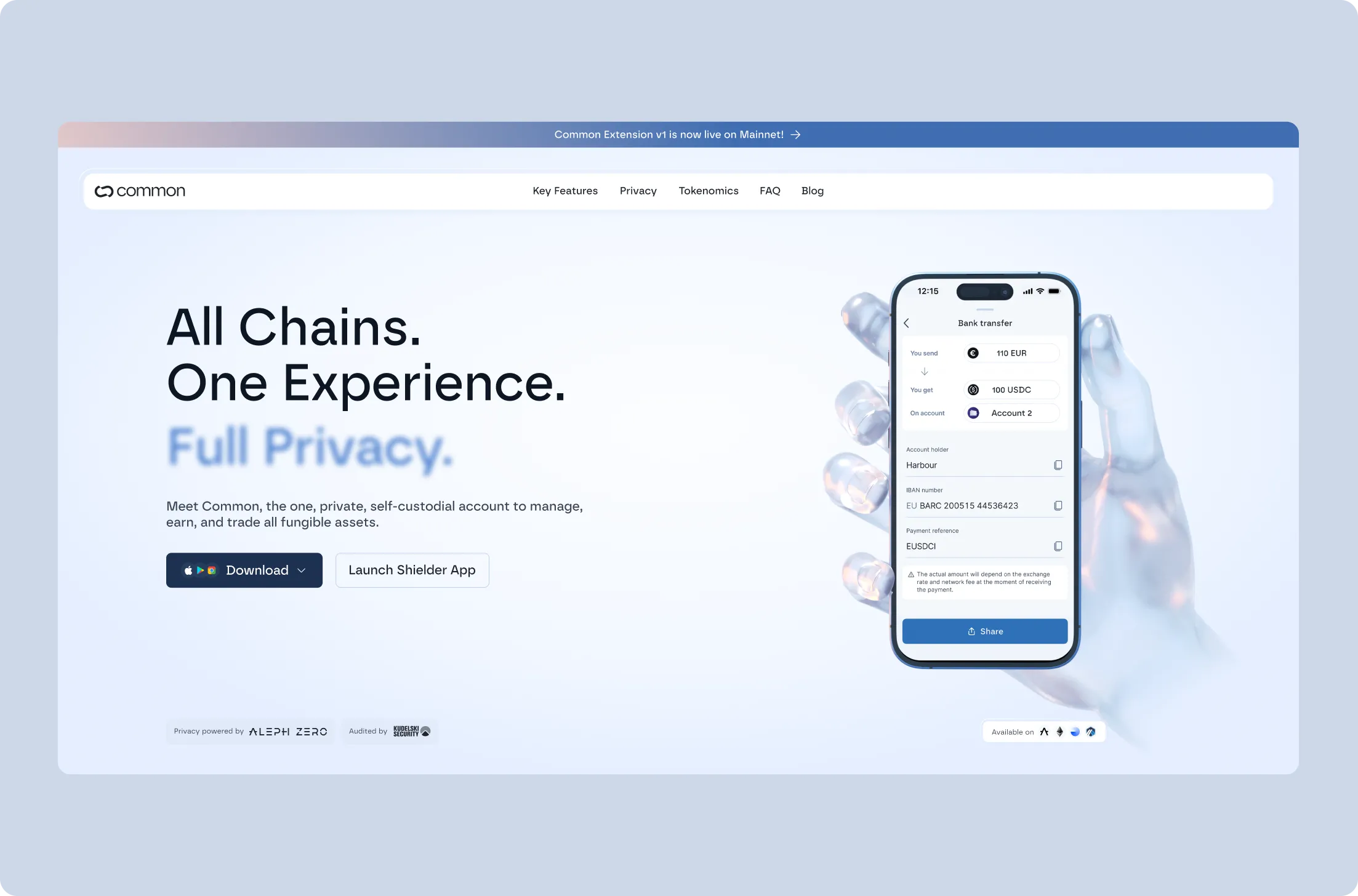 Website homepage showing Common app offering a private, self-custodial account for managing all fungible assets with buttons to download the app or launch the Shielder app, and a hand holding a phone displaying a bank transfer screen.