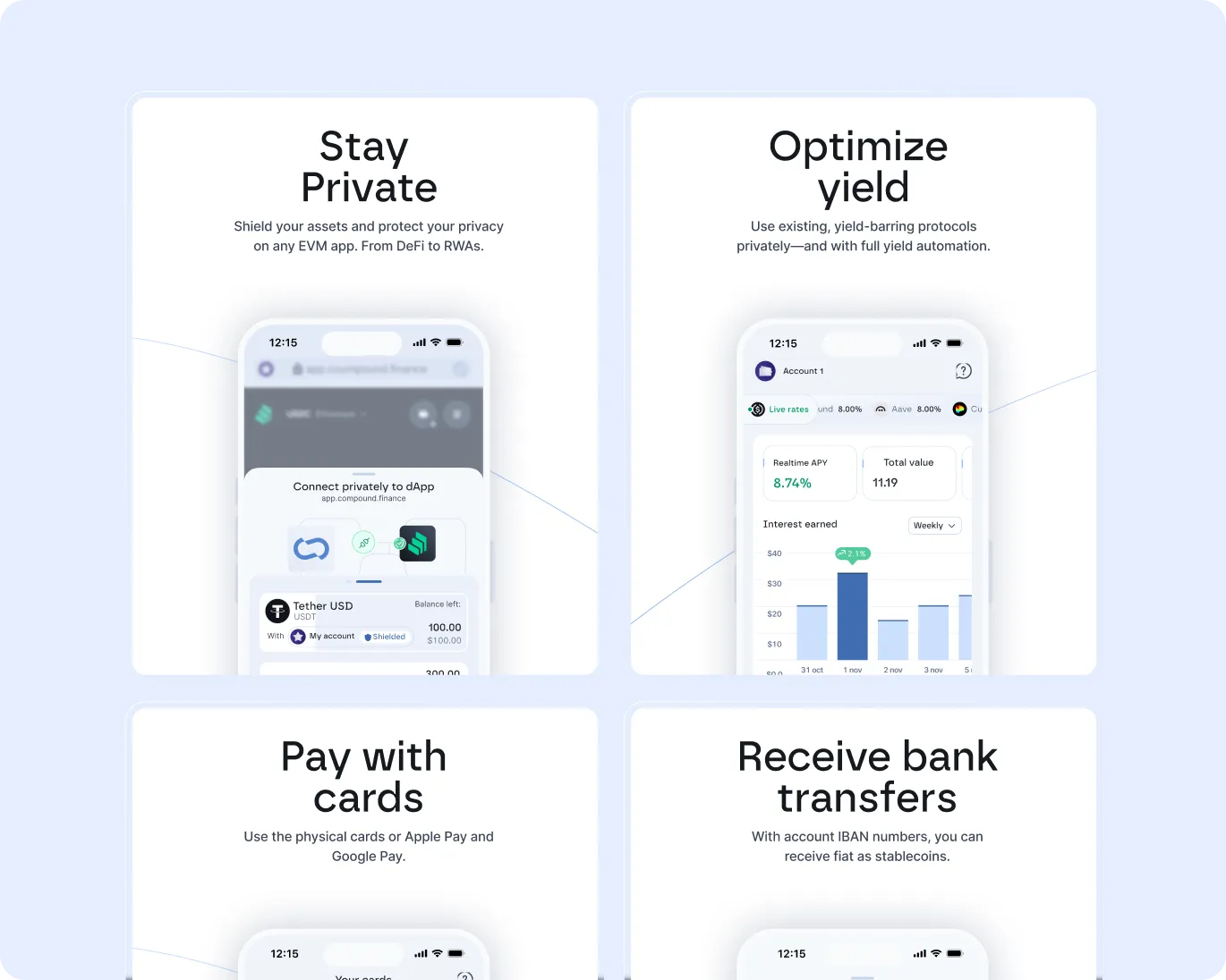 Four smartphone screens showcasing app features: staying private with shielded transactions, optimizing yield with automated protocols, paying with cards including Apple Pay and Google Pay, and receiving bank transfers with IBAN for stablecoins.
