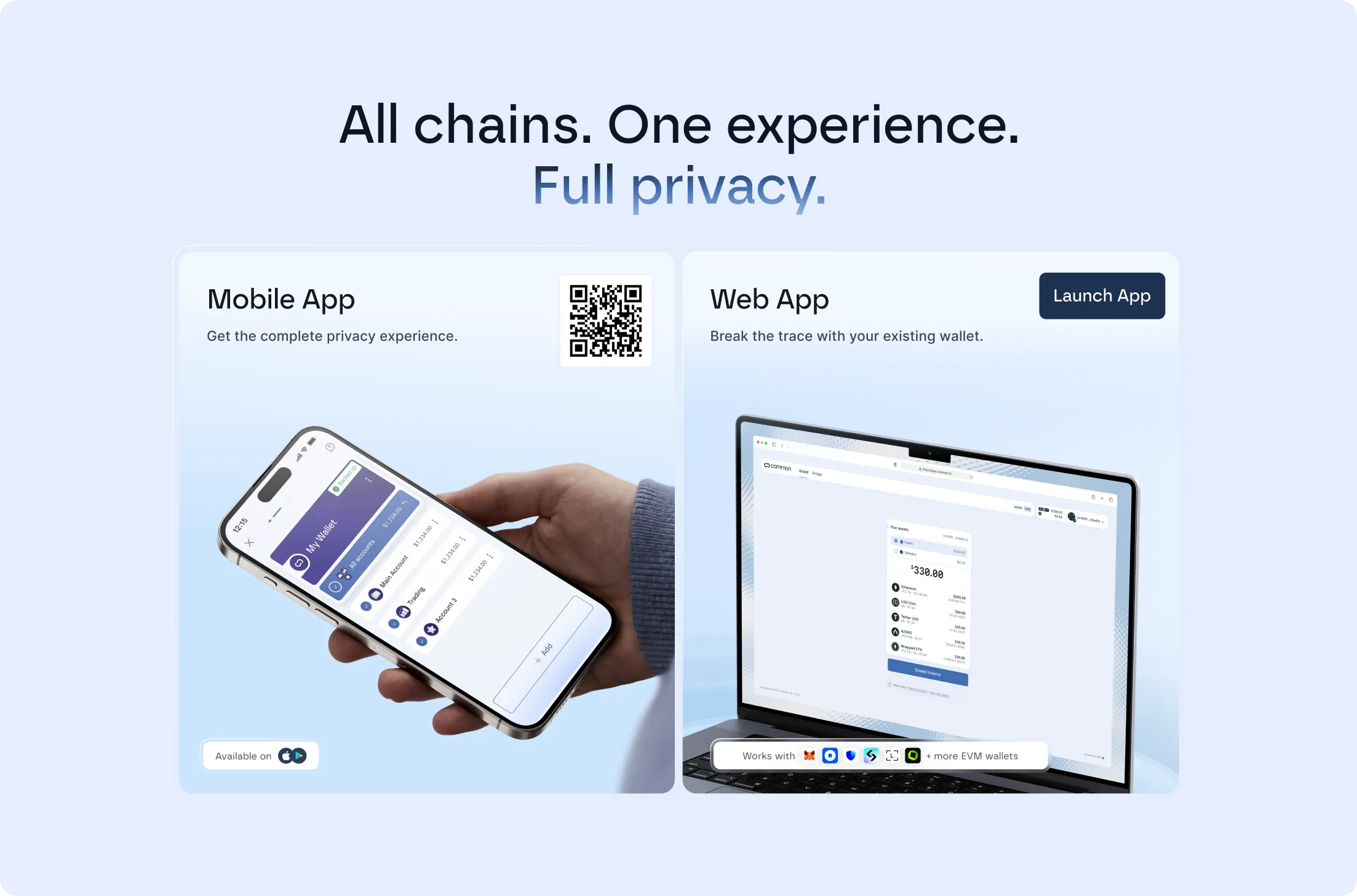 Mobile app displayed on a hand-held smartphone with wallet balance and accounts, next to a laptop showing a web app wallet interface for managing digital assets with various EVM wallets.