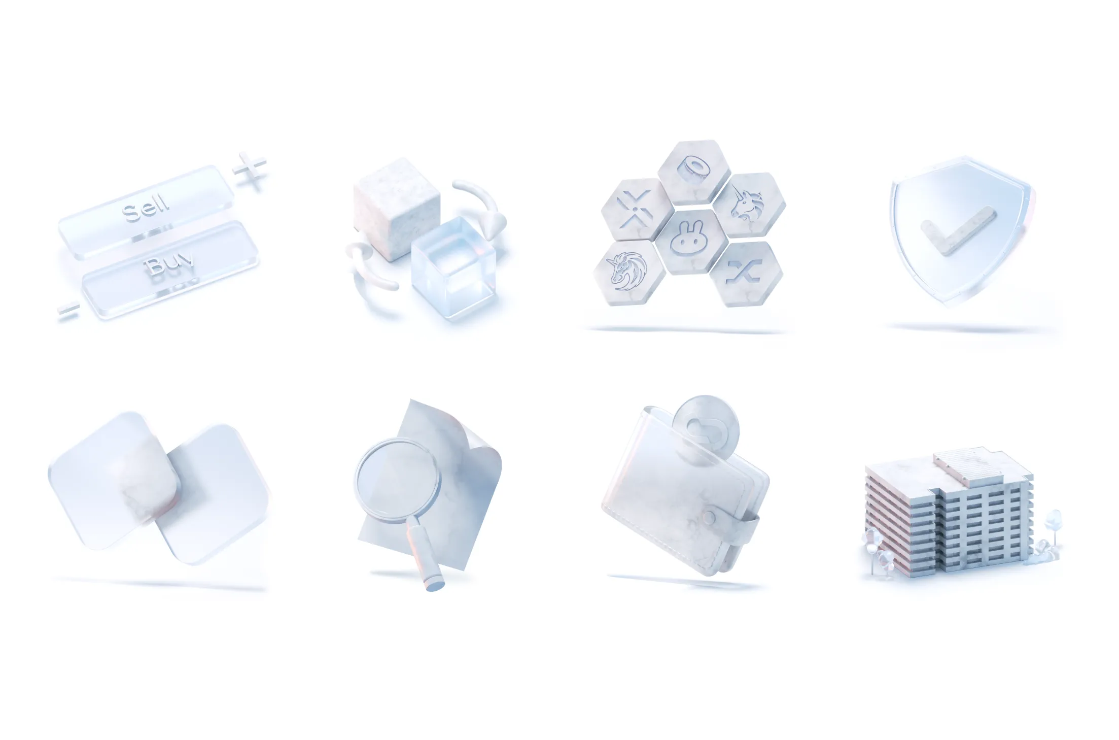 Glossy white 3D icons representing buy and sell buttons, block exchange, hexagonal blockchain logos, shield with check mark, overlapping squares, magnifying glass over a document, digital wallet with coin, and a multi-story building.