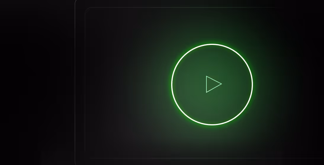Glowing green play button icon on a dark background.