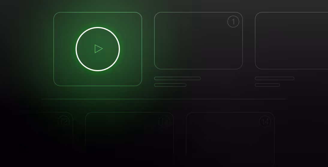 Dark interface with a glowing green play button inside a rounded rectangle and faint outlines of other UI elements.