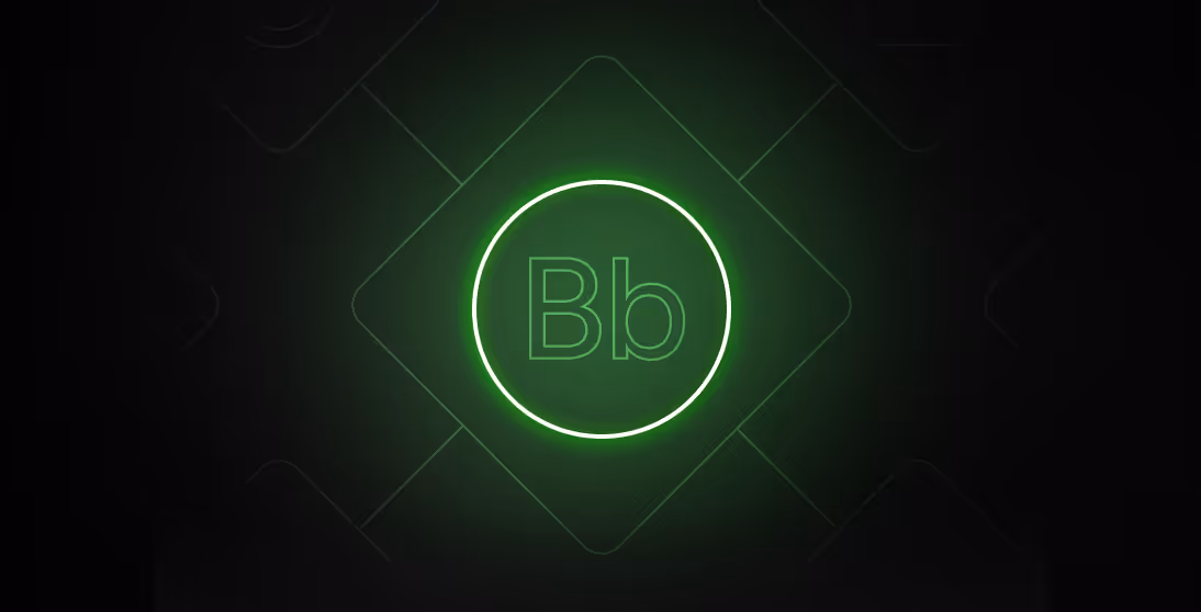 Glowing green circle with the letters 'Bb' inside on a dark background with faint geometric shapes.