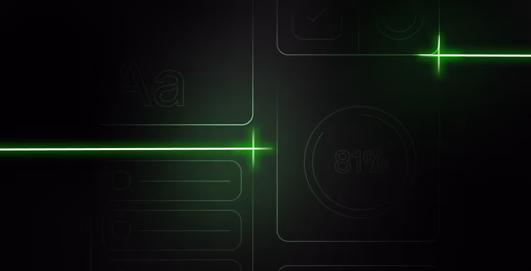 Dark background with faint outlines of UI elements and glowing green intersecting lines.