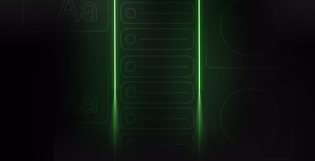 Dark abstract image with faint outlines of interface elements and a vertical glowing green light in the center.