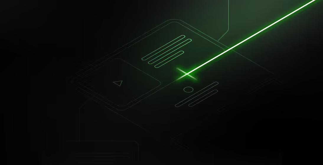 Green laser beam scanning over a dark, stylized interface background with abstract shapes.