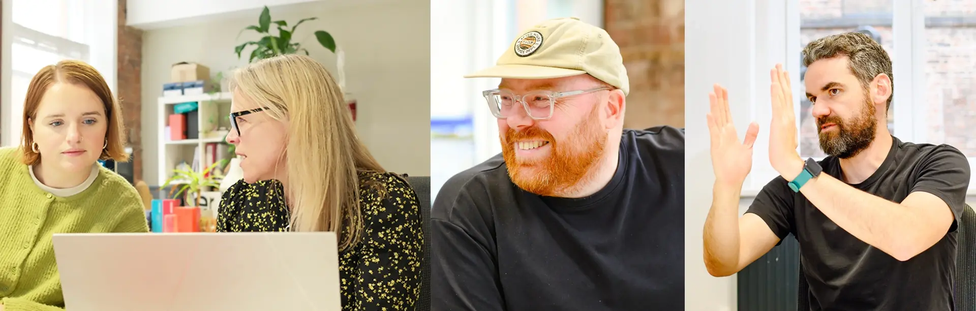 Two women reviewing a laptop screen together, a smiling bearded man wearing glasses and a cap, and a man with a beard gesturing with both hands while talking.