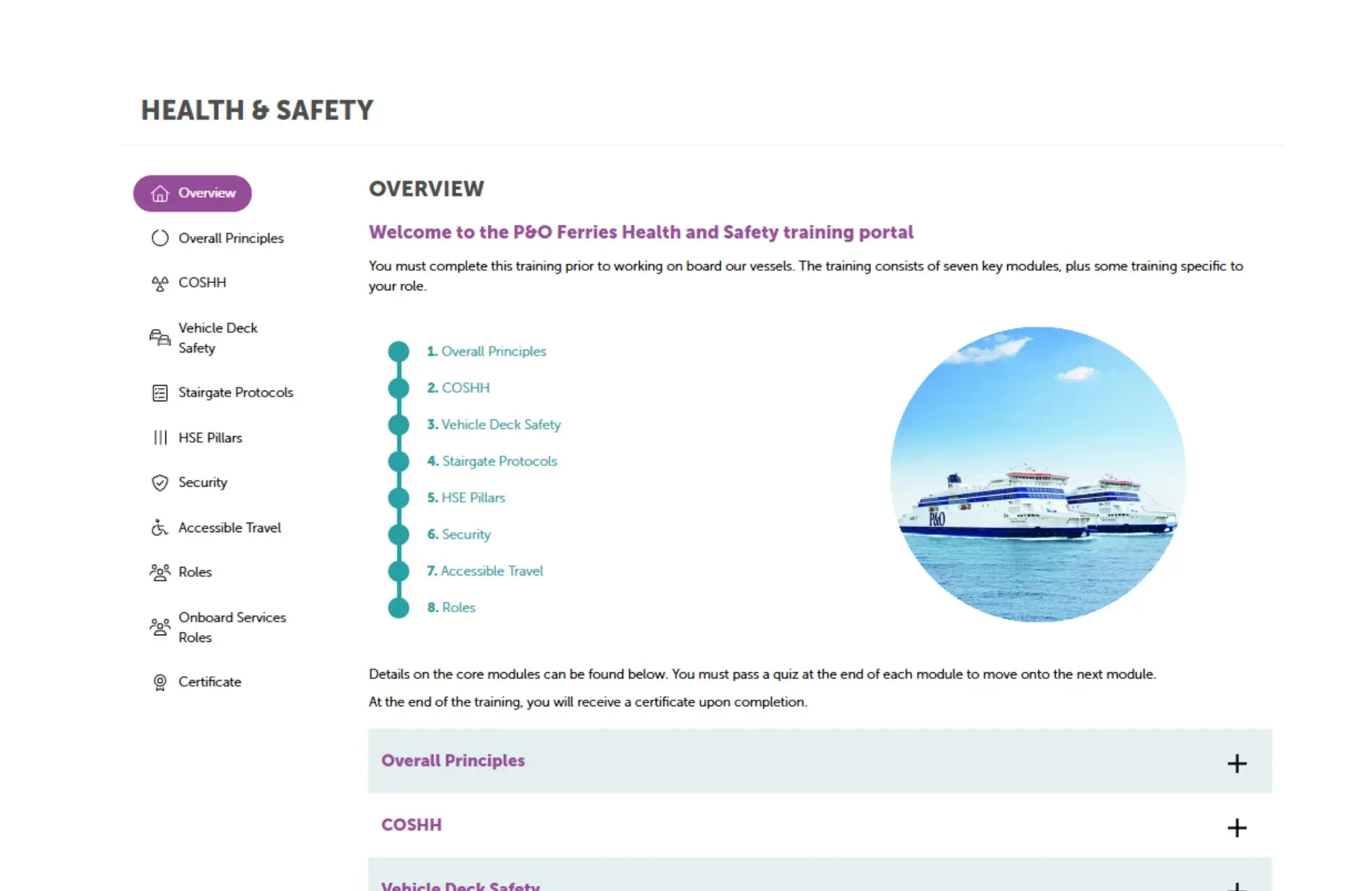 P&O Ferries Health and Safety training portal