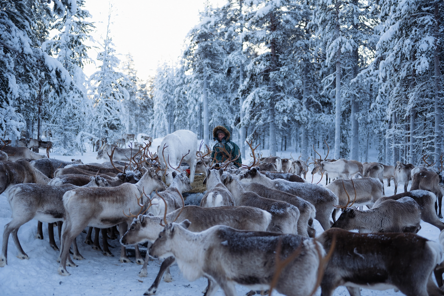 A wide shot captures a large herd of reindeer gathered in a snow-covered forest, with a person tending to them. The trees are heavily blanketed in white snow, creating a dense, frosty backdrop. A person in a dark green hooded jacket stands among the reindeer, looking down at a circular feeder filled with hay. The reindeer exhibit various shades of brown, grey, and white fur, and many have prominent antlers. The ground is covered in deep white snow, illuminated by bright, diffused natural light.