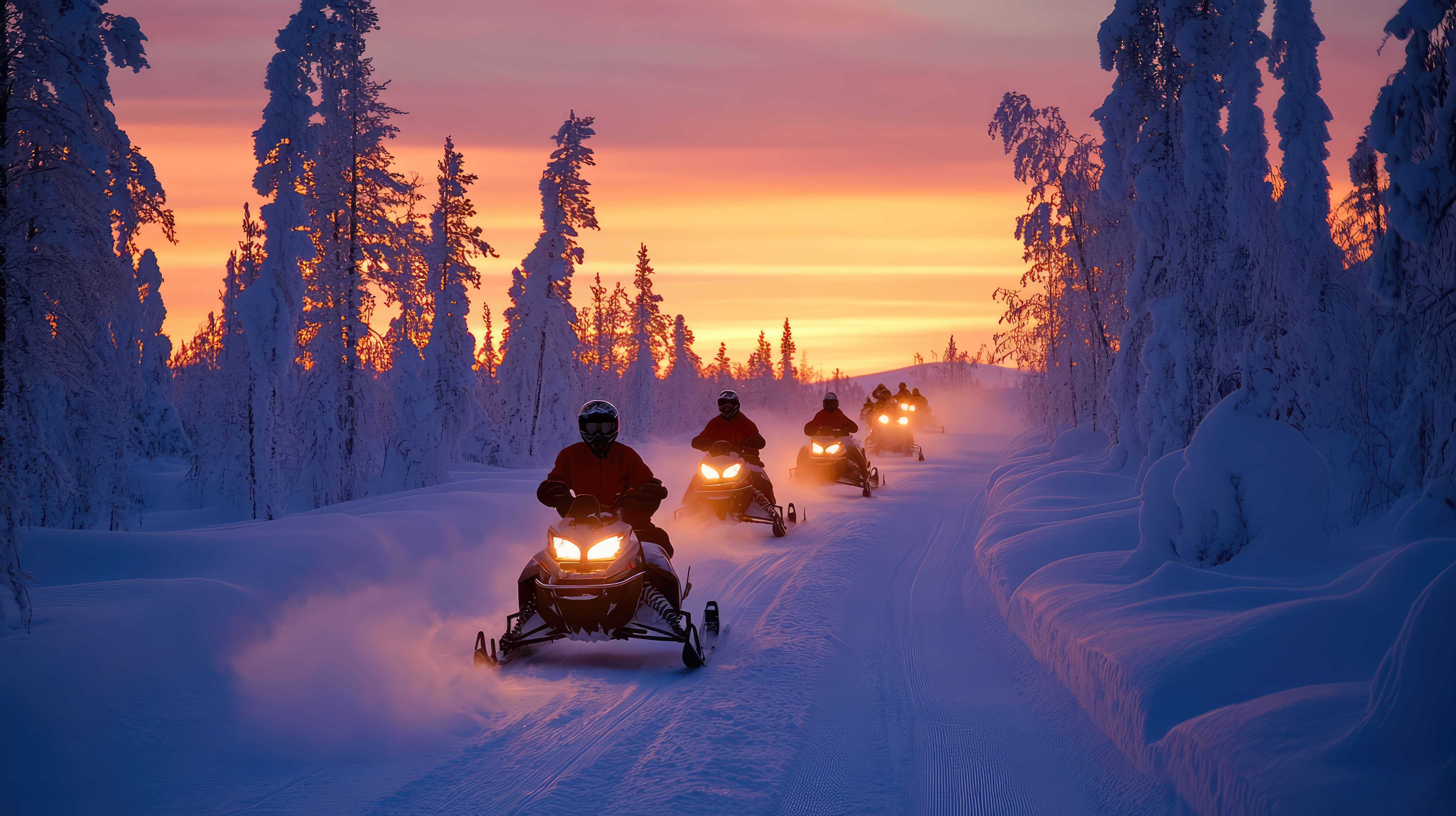 A line of snowmobilers rides along a snowy path through a winter forest at sunset. The sky displays vibrant gradients of orange, yellow, and pink, backlighting the heavily snow-laden trees, which glow with warm light and cast long shadows. The snowmobiles' bright headlights illuminate the path and kick up trails of snow dust, creating a dynamic scene with cool blue and purple snow in the foreground.