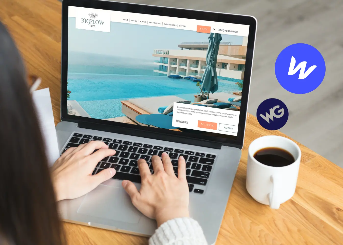 Woman typing on a computer with Webflow and weglot logos