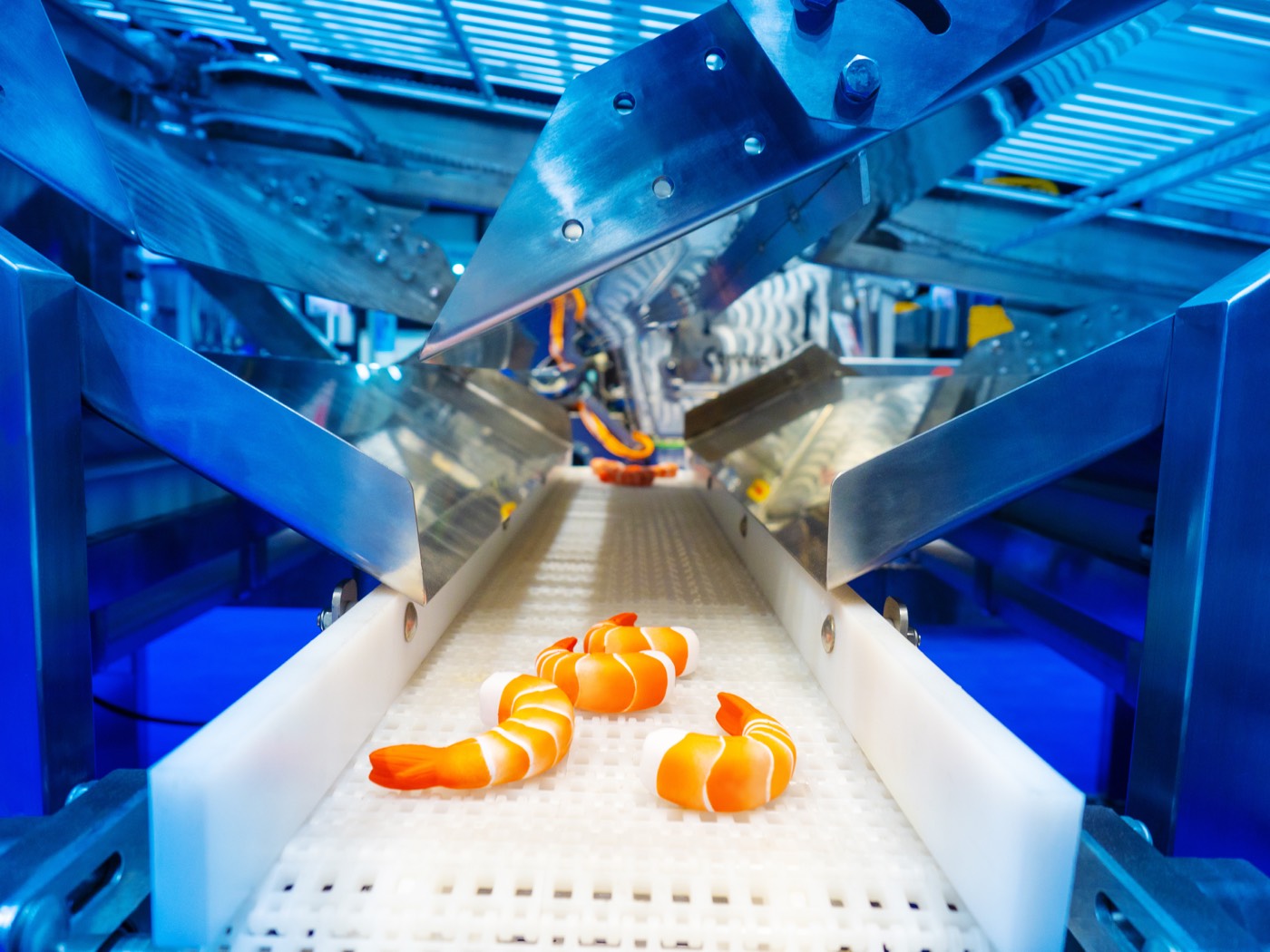 Integration of conveying, IQF freezing, and glazing systems on a processing line