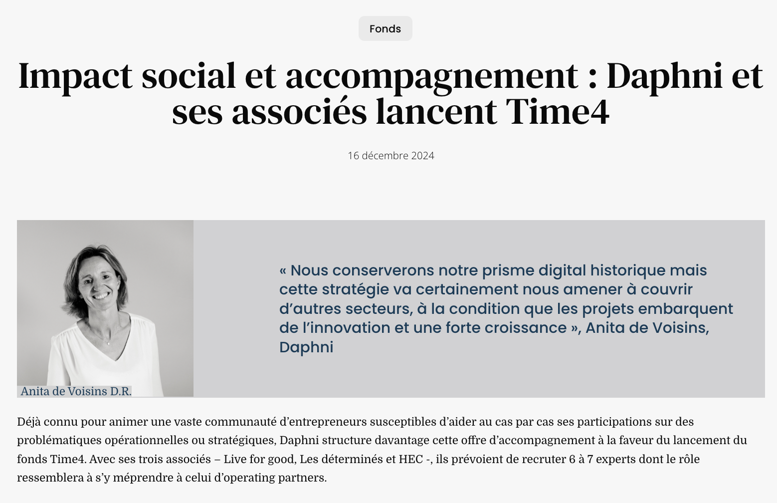 Impact social et accompagnement : Daphni et ses associés lancent Time4