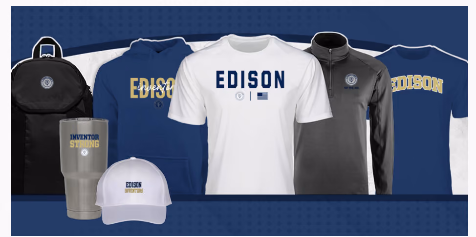 Edison Inventors school spirit merchandise including shirts hat backpack and tumbler