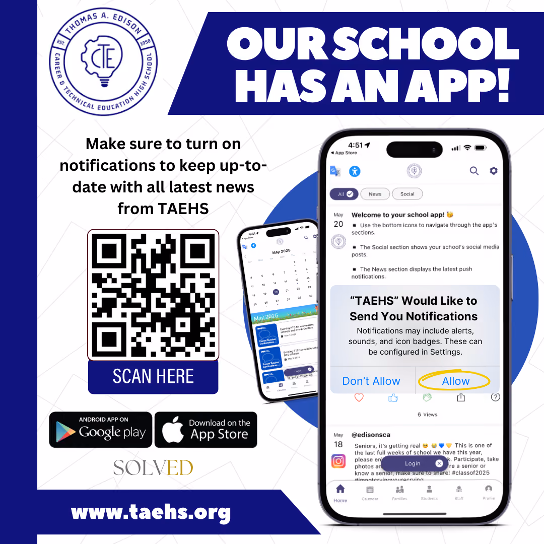 Thomas A. Edison TAEHS school app promotional flyer with QR code download