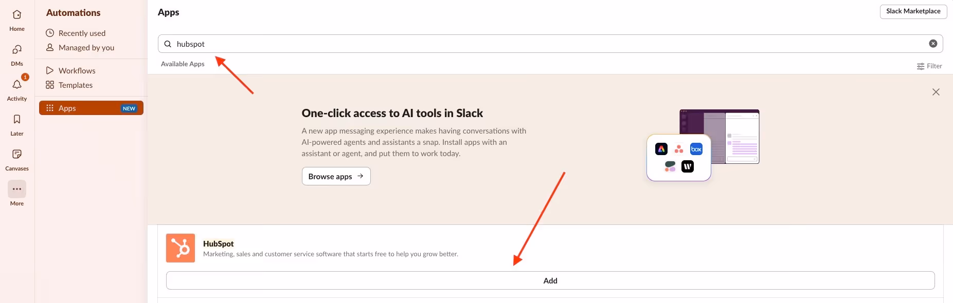 hubspot in slack marketplace
