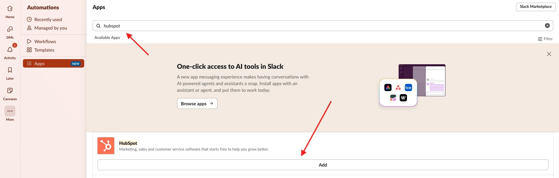 hubspot in slack marketplace