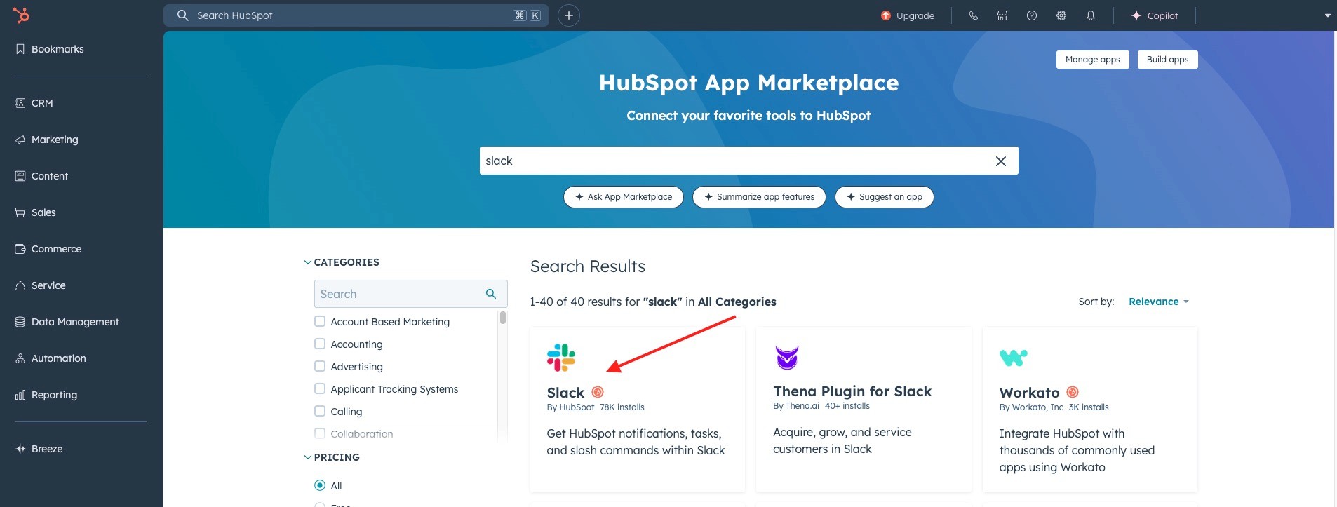 slack in hubspot app marketplace