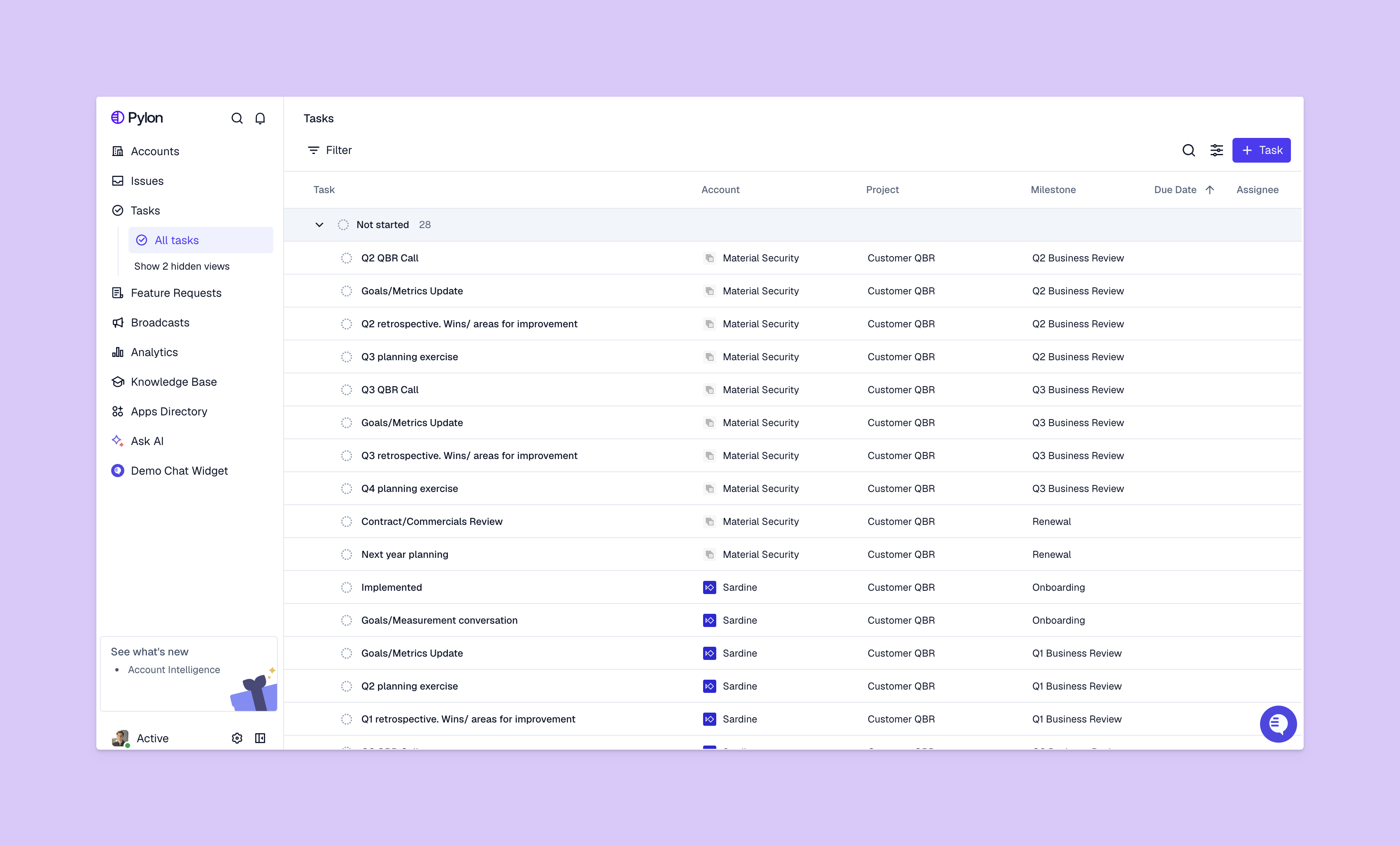 Account intelligence tasks view from Pylon platform
