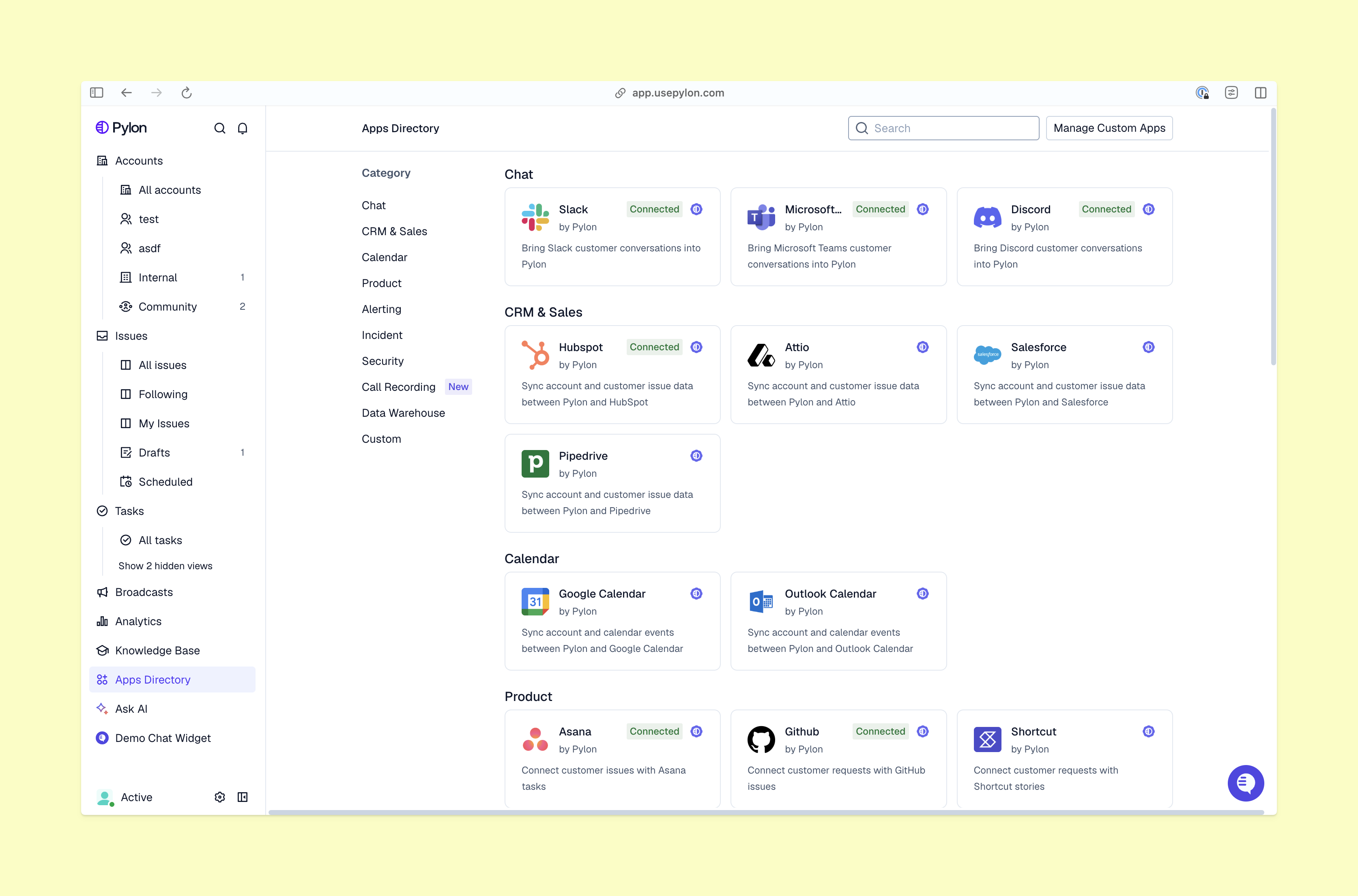 Chat integrations on Pylon’s omnichannel support